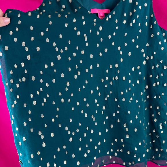 Lilly Pulitzer Silk Tank Top Gold Metallic Dot Green Sleeveless V Neck Size M - Picture 5 of 17